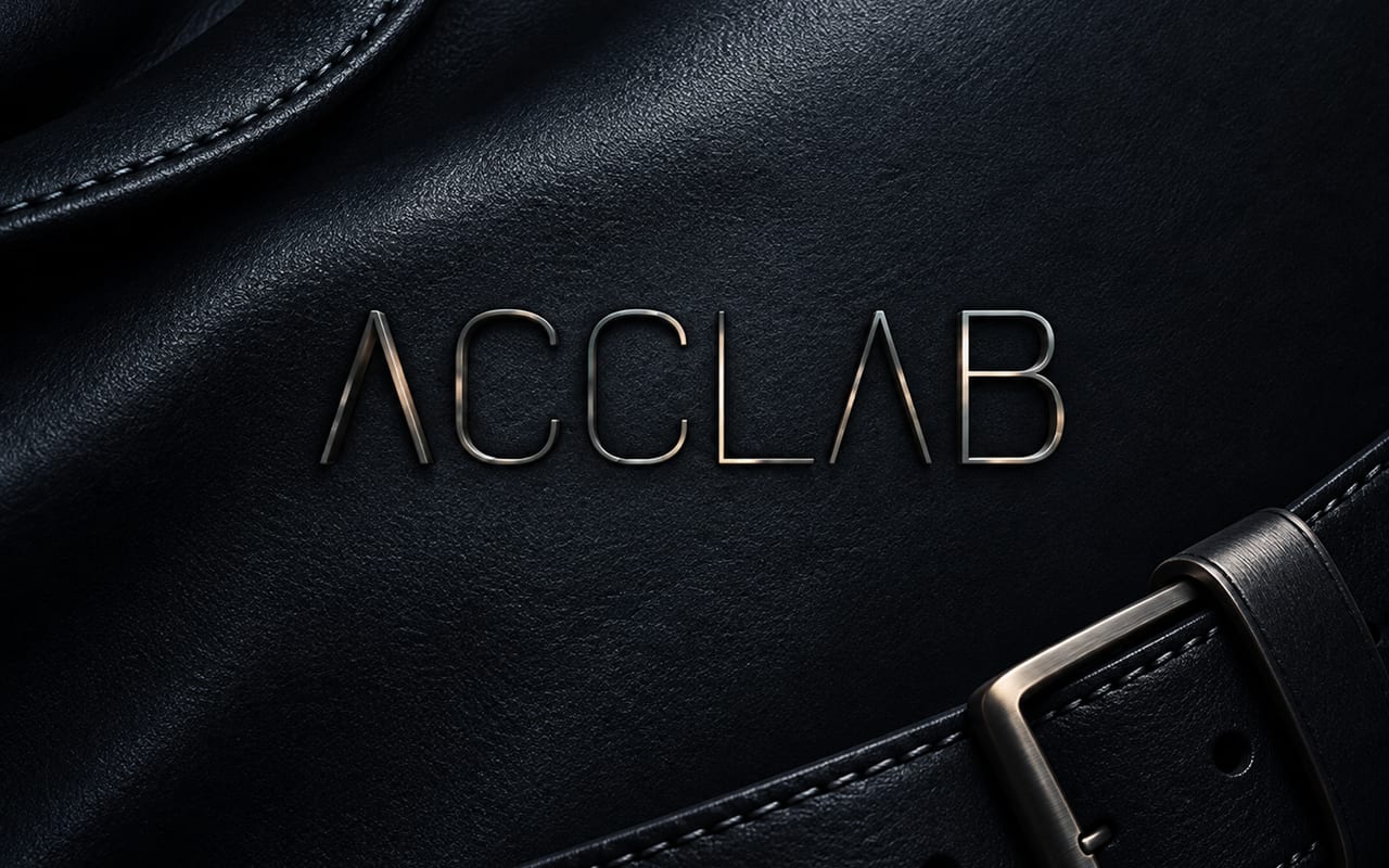 ACCLAB’s metallic wordmark on a black leather accessory