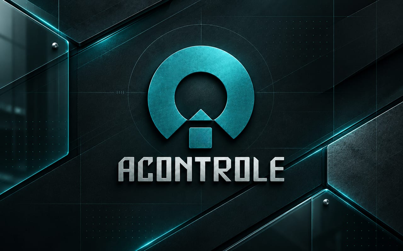 Acontrole’s teal emblem and wordmark on a dark geometric wall
