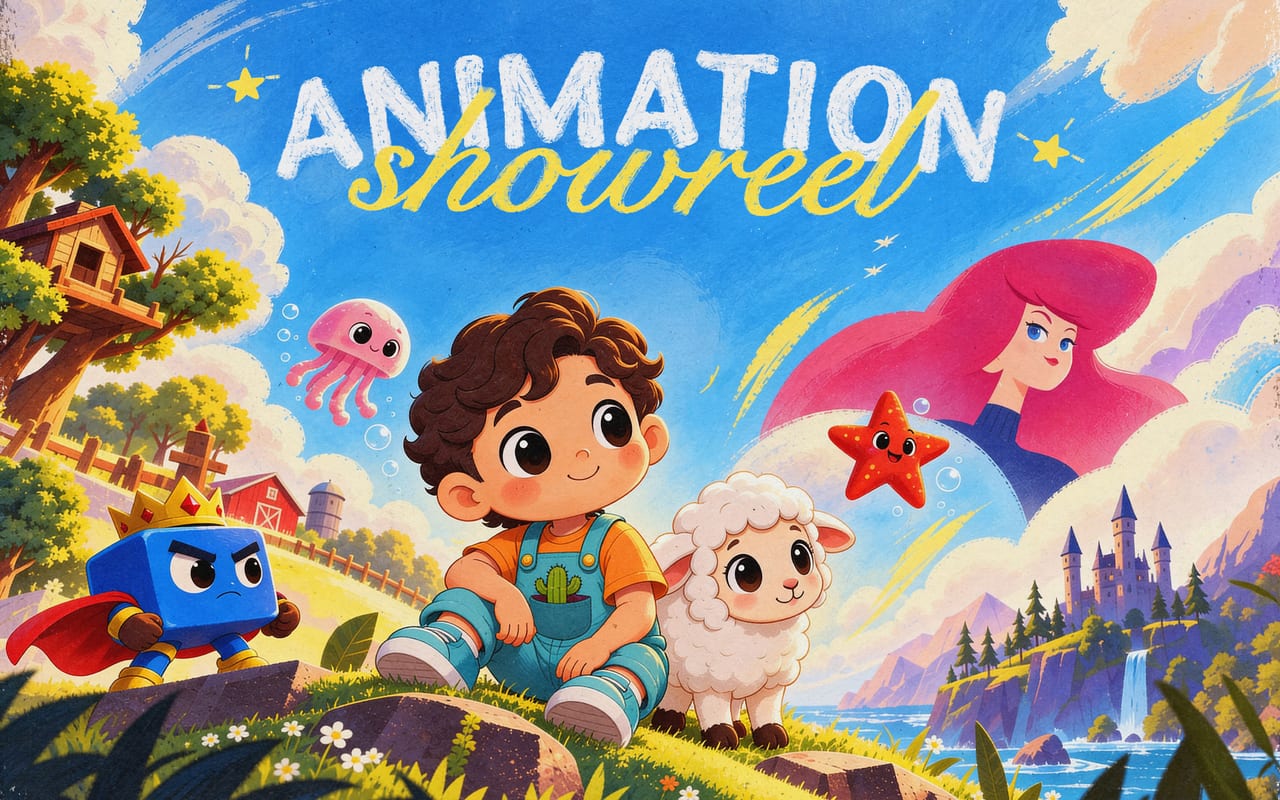 Animation Showreel cover with colourful cartoon characters, an underwater scene and a fairytale castle