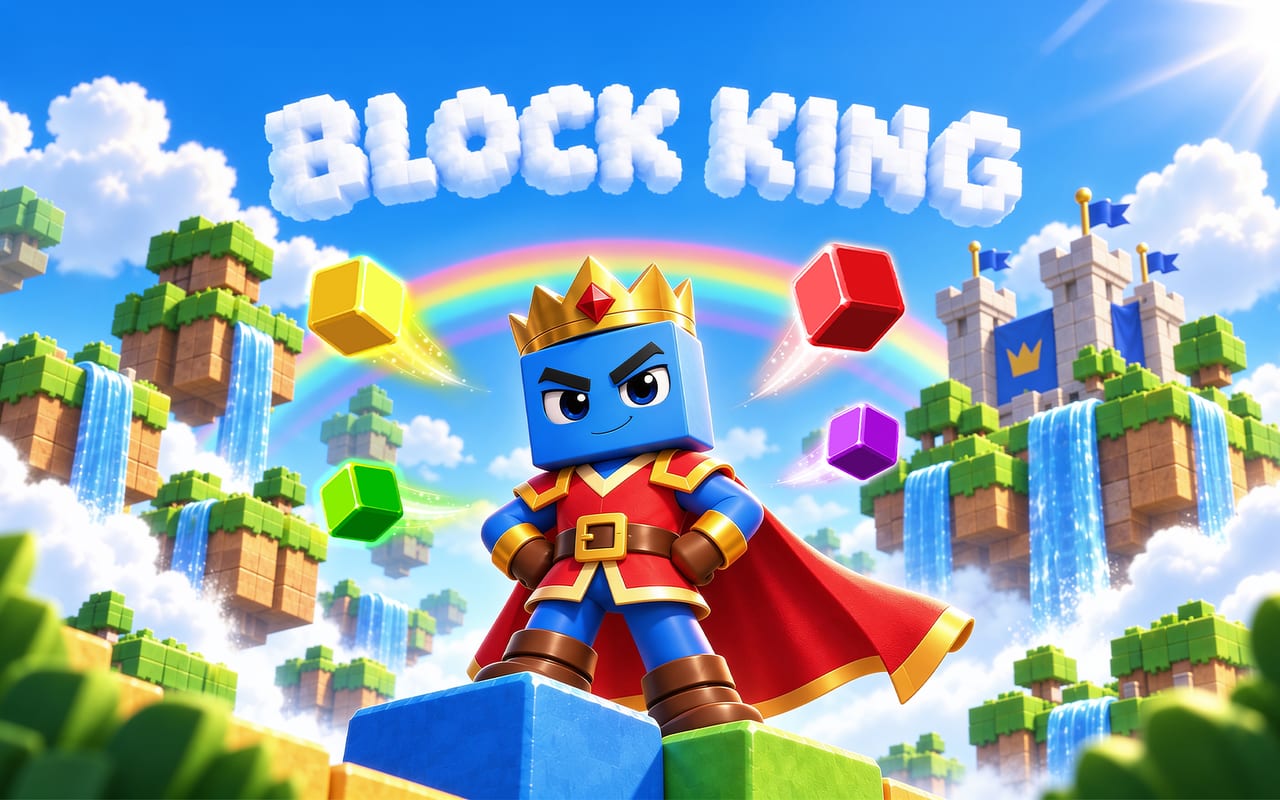 Block King’s crowned blue block character with a red cape, surrounded by floating block landscapes and castles