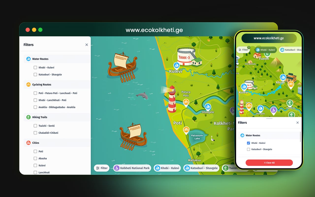 Eco Kolkheti illustrated map and route filters presented in desktop and mobile browser mockups