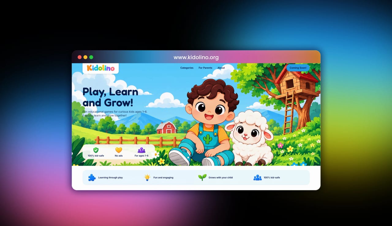 Kidolino learning website shown on a desktop screen against a colourful gradient