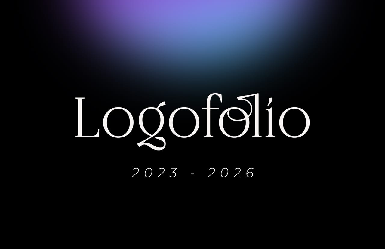 White Logofolio wordmark and the dates 2023–2026 beneath a purple and blue glow on black
