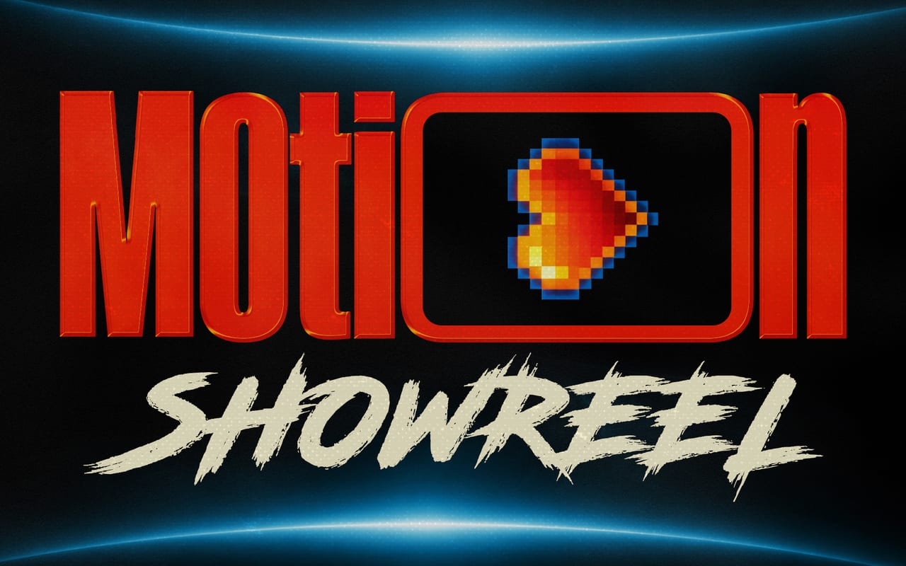 Motion Showreel cover with red lettering, a glowing pixelated play symbol and cream script on black