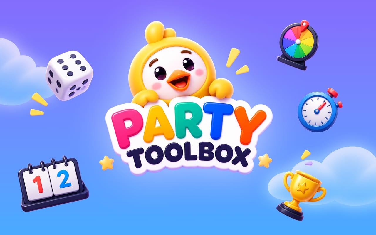 Party Game Toolbox-ის ლოგო ყვითელი თილისმითა და ხალისიანი თამაშის ხატულებით