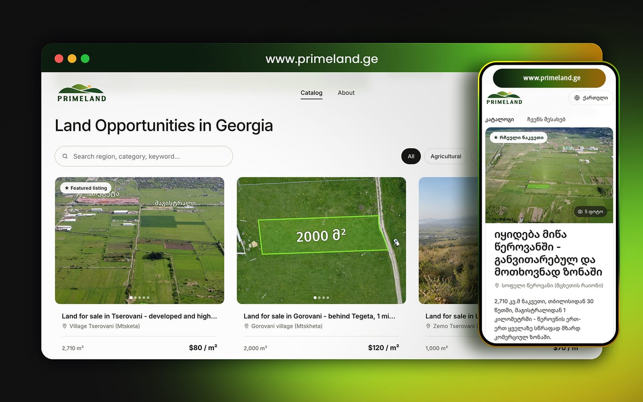 PrimeLand desktop and mobile property website presentation
