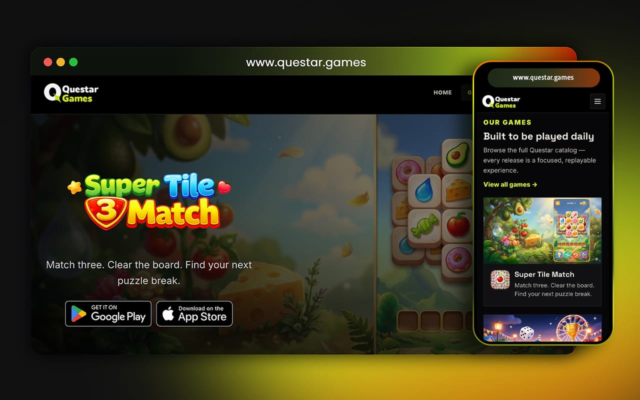 Questar Games desktop and mobile website presentation featuring Super Tile Match