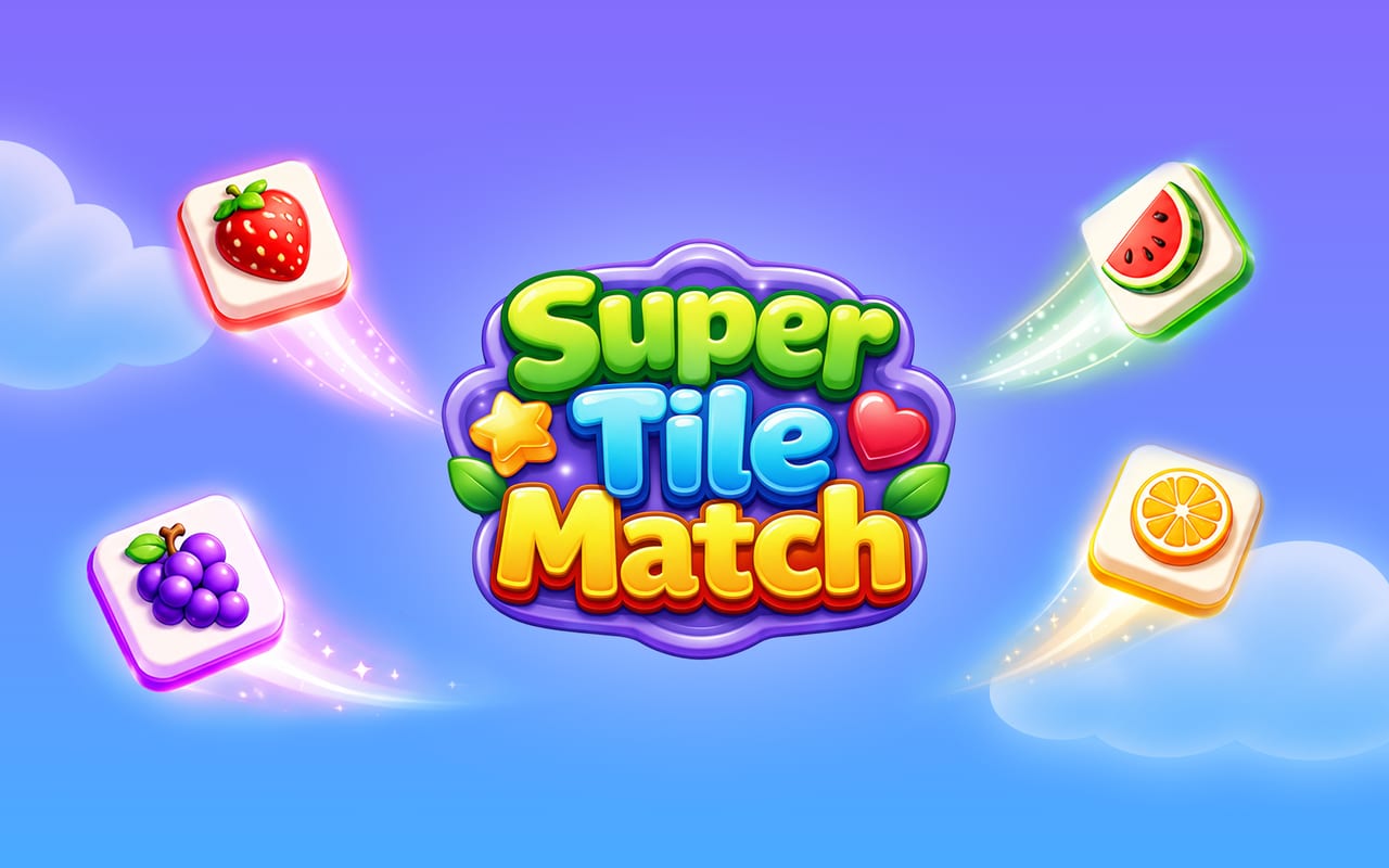 Super Tile Match-ის ლოგო ლურჯ ფონზე მცურავი ხილის ფილებით