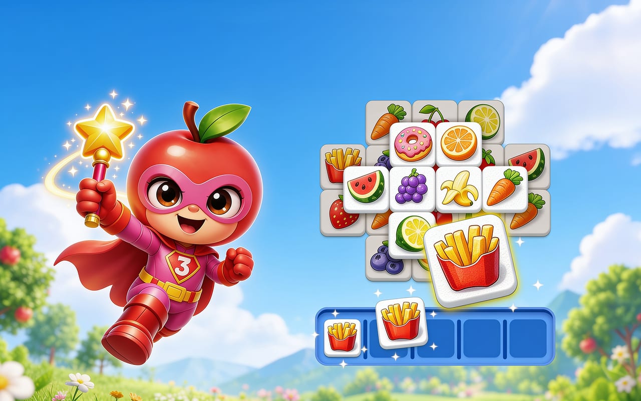 Super Tile Match artwork with an apple superhero, fruit tiles and a bright blue sky