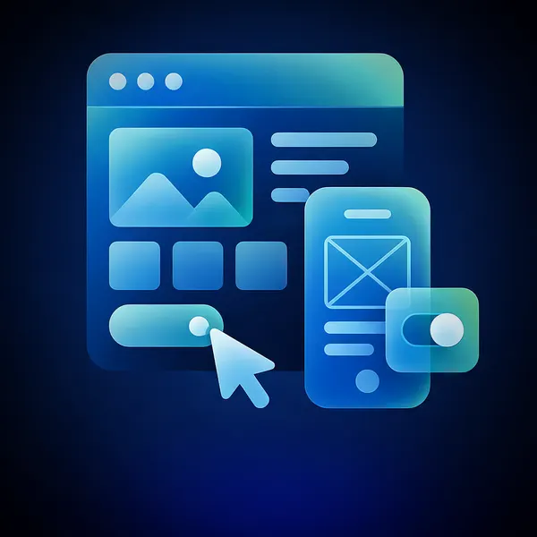 UI/UX დიზაინის ხატულა კომპიუტერისა და მობილურის ეკრანების განლაგებით, ინტერფეისის მართვის ელემენტებითა და კურსორით.